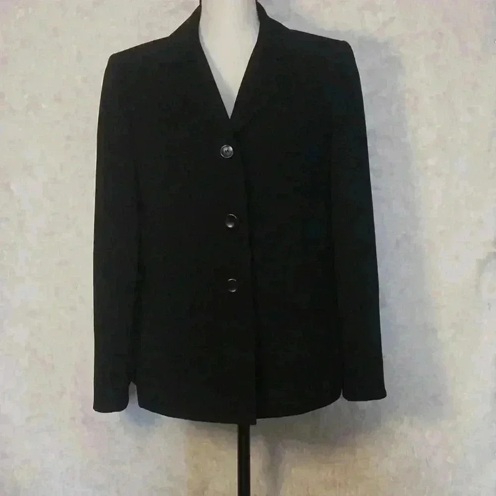 Black Blazer Lined Evan Picone Long Sleeve Essential Button Front Suit Coat